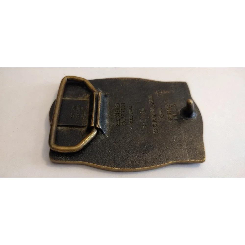 Railroad Train Engine Belt Buckle Steam Locomotive Mountains Vtg 80s BTS .GTA926